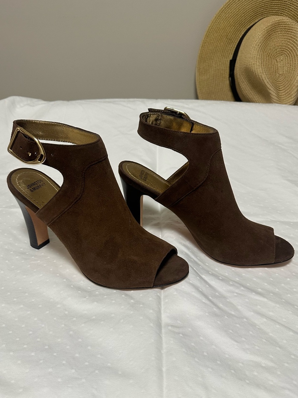 Johnston & Murphy Brown Suede Open-Toe Ankle Heels with Buckle